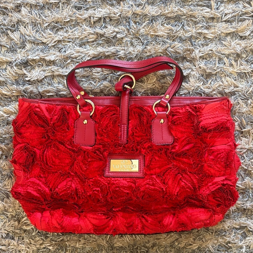 Valentino Red Floral Textured Tote, Gold Hardware - Picture 1 of 14